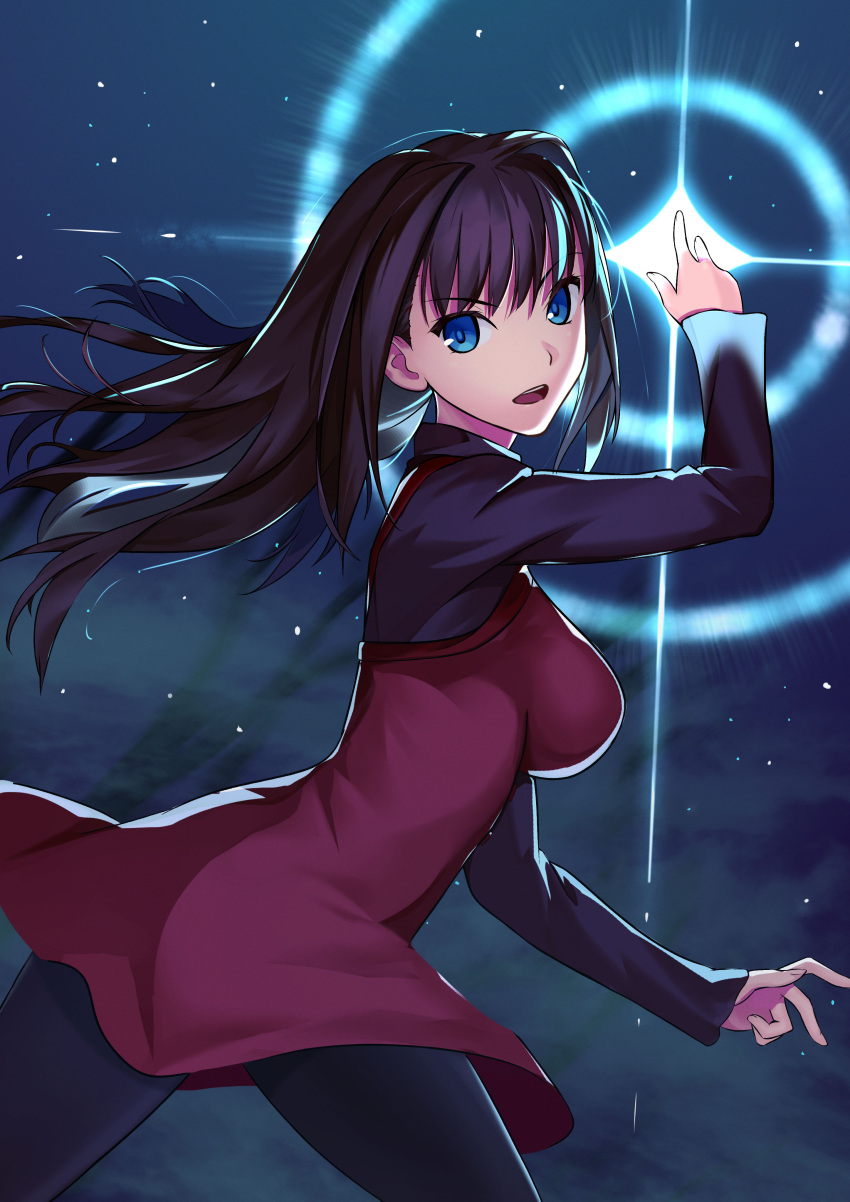 absurdres aozaki_aoko black_pantyhose black_sweater blue_eyes breasts brown_hair buttons commentary cqqz0707 dress female floating_hair glowing hair_between_eyes hair_intakes highres large_breasts layered_clothes light_particles long_hair long_sleeves looking_at_viewer magic mahou_tsukai_no_yoru open_mouth pantyhose red_dress solo sweater teeth tongue upper_teeth_only