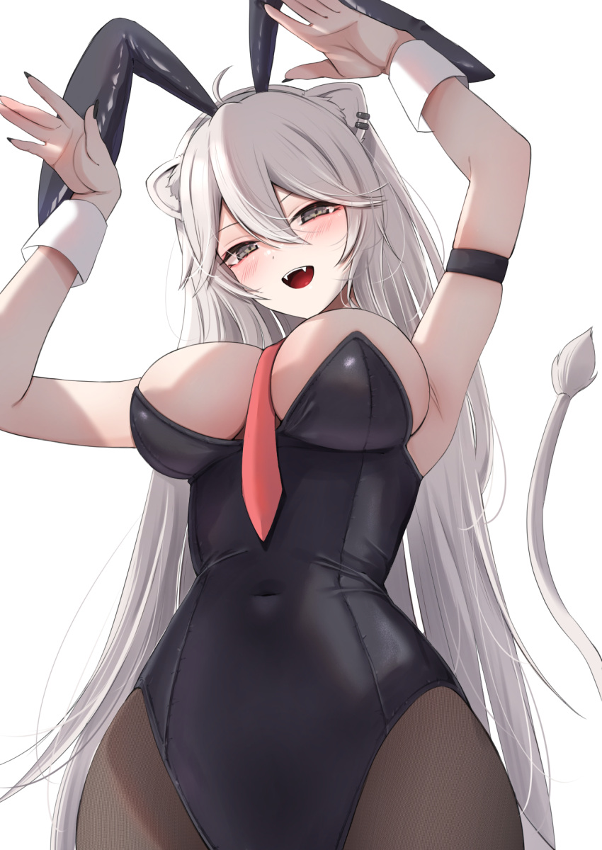 ahoge animal_ear_piercing animal_ears black_nails blush breasts fake_animal_ears female grey_eyes grey_hair hair_between_eyes highres hololive large_breasts leotard lion_ears lion_girl lion_tail long_hair looking_at_viewer nerorigogo playboy_bunny rabbit_ears shishiro_botan smile solo strapless strapless_leotard tail virtual_youtuber