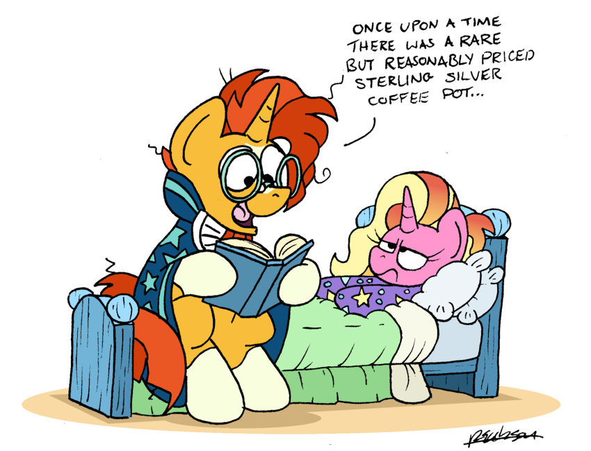 bed bobthedalek book cape clothing duo english_text equid equine female friendship_is_magic furniture hair hasbro hi_res horn luster_dawn_(mlp) male mammal messy_hair my_little_pony mythological_creature mythological_equine mythology orange_hair pajamas pillow sunburst_(mlp) text under_covers unicorn