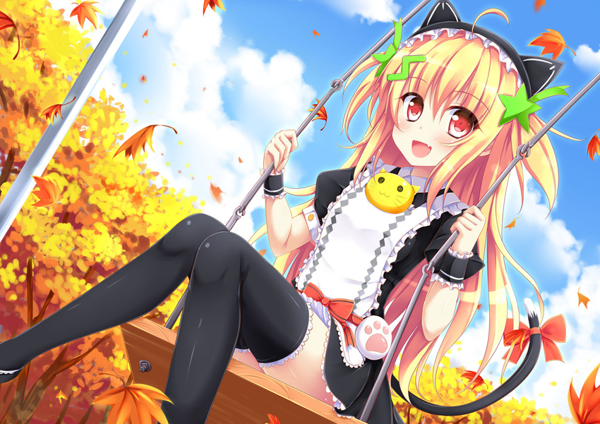 :3 animal_ears autumn autumn_leaves black_dress black_thighhighs blonde_hair blush bow cat_ears cat_tail cloud commentary_request copyright_request day dress dutch_angle fake_animal_ears female frills hair_between_eyes hair_ornament highres holding knees_together_feet_apart leaf long_hair maple_leaf multicolored_hair nanairo_fuusen oerba_yun_fang outdoors paw_print puffy_short_sleeves puffy_sleeves red_bow red_eyes short_sleeves sitting sky solo star_(symbol) star_hair_ornament swing tail tail_bow tail_ornament thighhighs tree two-tone_hair very_long_hair wrist_cuffs