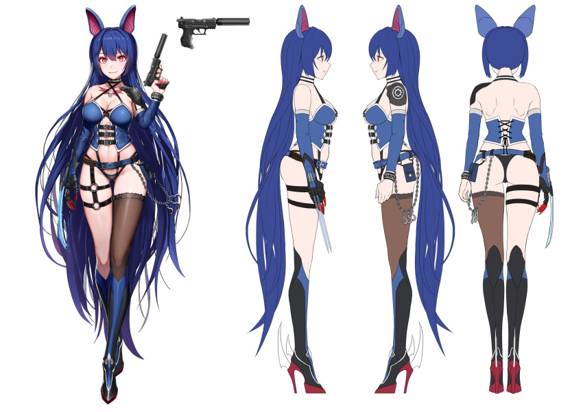 absurdres ammunition animal_ears arm_at_side arms_at_sides ass ass_visible_through_thighs bad_id bad_pixiv_id barcode barcode_tattoo belt belt_buckle black_choker black_footwear black_ribbon blue_hair blush boots breasts brown_legwear buckle choker claw_(weapon) cleavage closed_mouth collarbone detached_sleeves fake_animal_ears fangs female fingernails greem_bang groin gun halterneck high_heel_boots high_heels highres holding holding_gun holding_weapon knee_boots long_fingernails long_hair long_legs long_sleeves looking_at_viewer mechanical_ears medium_breasts multiple_views nail_polish navel o-ring original photoshop_(medium) pink_eyes pouch pubic_tattoo red_nails revealing_clothes ribbon short_hair shoulder_blades shoulder_pads sidelocks simple_background single_thighhigh smile standing suppressor tattoo thigh_gap thigh_strap thighhighs thong trigger_discipline veins veiny_breasts very_long_hair walther_p22 weapon white_background