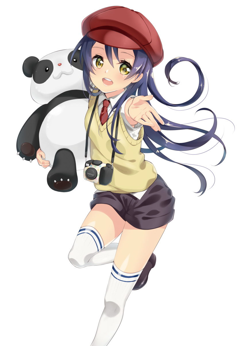 absurdres armpit_peek blue_hair blush camera commentary_request female hat highres holding kashiwagi_sumika leg_up long_hair looking_at_viewer love_live! love_live!_school_idol_project necktie open_mouth outstretched_arm panda red_hat shorts simple_background smile solo sonoda_umi stuffed_animal stuffed_panda stuffed_toy thighhighs vest white_background white_thighhighs