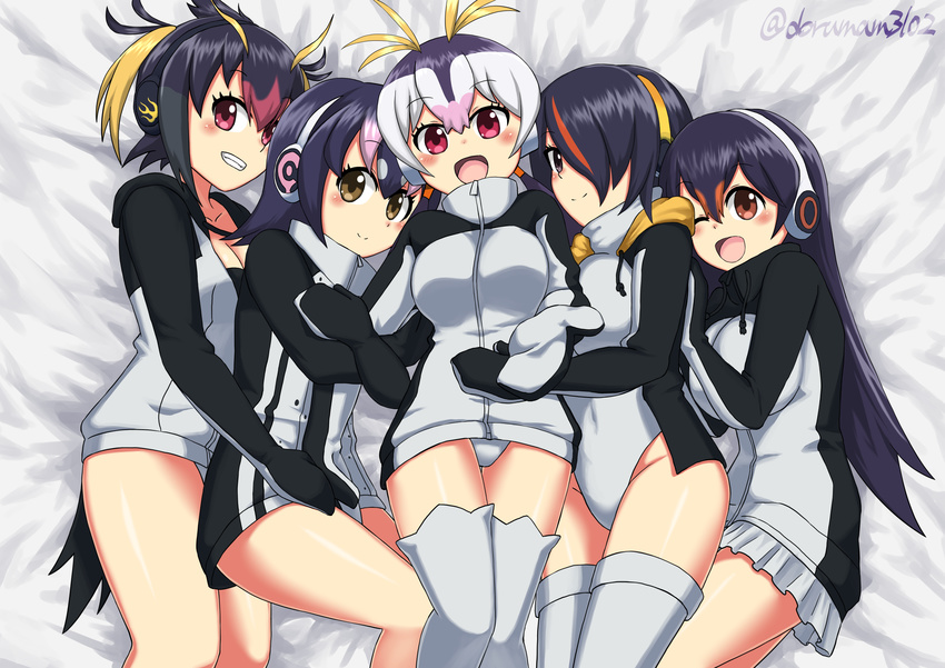 5girls animal_ears bed_sheet black_hair blush breasts brown_eyes commentary_request covered_navel dorumam emperor_penguin_(kemono_friends) from_above gentoo_penguin_(kemono_friends) girl_sandwich hair_between_eyes hair_over_one_eye headphones highleg highleg_leotard highres hood hoodie hug humboldt_penguin_(kemono_friends) jacket kemono_friends large_breasts leotard long_hair looking_at_viewer lying medium_breasts multicolored_hair multiple_girls on_back on_side open_clothes open_mouth penguins_performance_project_(kemono_friends) pleated_skirt red_eyes rockhopper_penguin_(kemono_friends) royal_penguin_(kemono_friends) sandwiched short_hair skirt smile thighhighs twintails twitter_username white_hair white_legwear white_leotard white_skirt