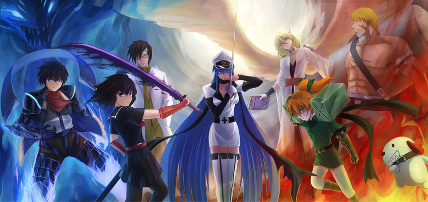 akame_ga_kill! armor artoria_(3001005) belt black_eyes black_hair blonde_hair blue_eyes blue_hair bols boots breasts canine cap cleavage cross cyborg dr._stylish esdeath feathers fire flamethrower fringe glasses hekatonkheires jacket kurome_(akame_ga_kill!) labcoat long_hair mechanical_arms military_uniform multiple_boys multiple_girls orange_eyes orange_hair ponytail robe run_(akame_ga_kill!) scar scarf school_uniform serafuku seryu_ubiquitous shirtless skirt smile suit thighhighs tie very_long_hair wave_(akame_ga_kill!) weapon white_hair white_legwear wings