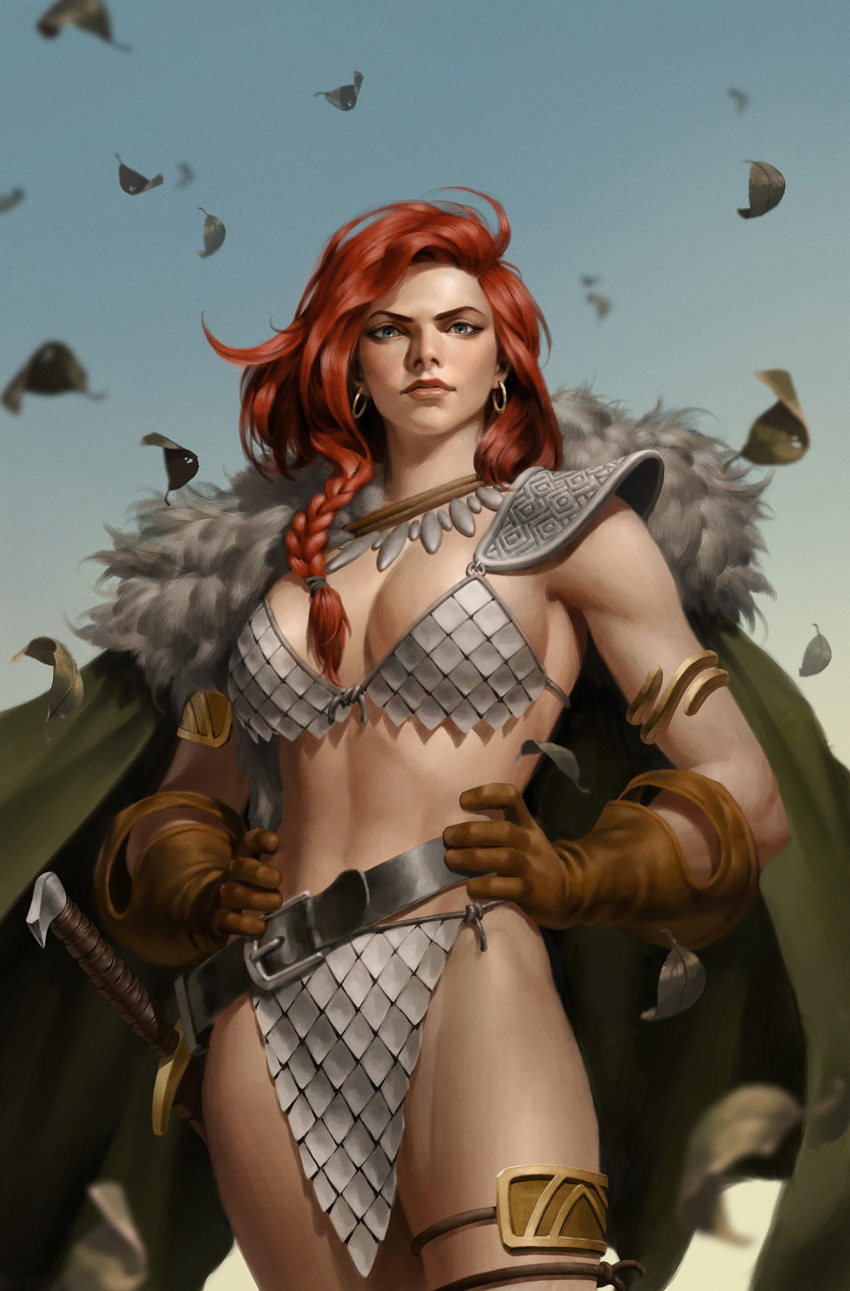 armor belt bikini_armor black_belt blue_sky braid braided_ponytail brown_gloves cape day earrings falling_leaves female fur-trimmed_cape fur_trim gloves green_cape grey_eyes hands_on_own_hips highres hoop_earrings jewelry leaf long_hair looking_at_viewer outdoors pauldrons red_hair red_sonja red_sonja_(comics) shoulder_armor single_pauldron sky solo standing sword weapon yoon_junggeun