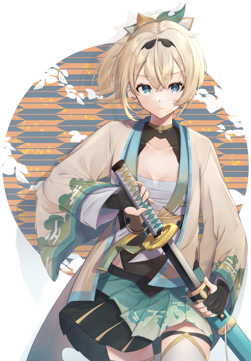 absurdres blonde_hair blue_eyes chest_sarashi choker female haori highres hololive isana615 japanese_clothes katana kazama_iroha kazama_iroha_(1st_costume) pleated_skirt ponytail sarashi shrug_(clothing) skirt sword virtual_youtuber weapon yellow_haori