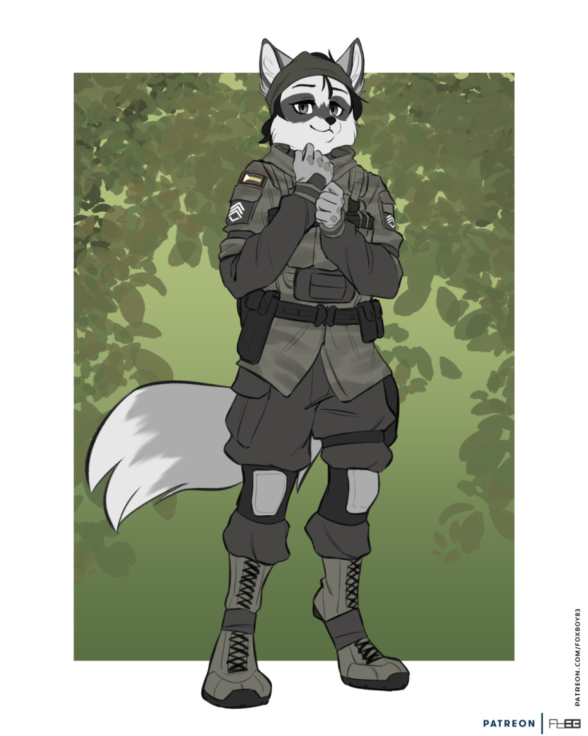 ambiguous_gender anthro bandana black_hair black_markings black_nose canid cheek_tuft clothed clothing colored digital_media_(artwork) dipstick_tail facial_tuft female_(lore) flat_colors foxboy83 full-length_portrait fully_clothed fur grey_bandanna grey_body grey_fur grey_kerchief hair hi_res kerchief mammal markings military military_uniform portrait short_hair simple_background solo standing tail tail_markings tuft uniform white_body white_fur white_markings