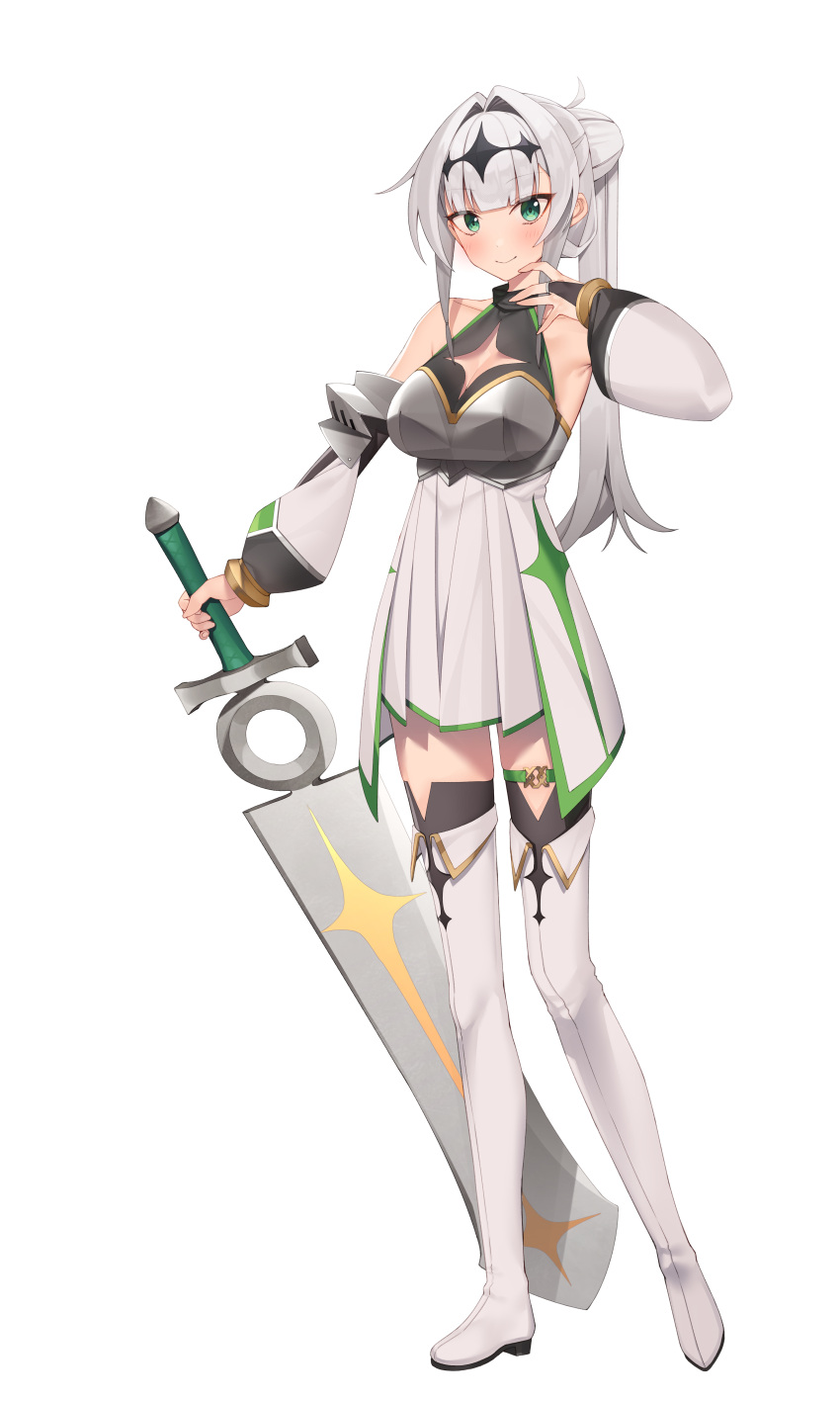 absurdres bare_shoulders black_thighhighs blush boots breasts bridal_gauntlets cleavage cleavage_cutout closed_mouth clothing_cutout coeiroink croix-chan detached_sleeves dress female full_body green_eyes grey_hair hair_intakes hand_up highres holding holding_sword holding_weapon long_hair long_sleeves medium_breasts partner_(kprtnr) pleated_dress ponytail puffy_long_sleeves puffy_sleeves simple_background sleeveless sleeveless_dress smile solo sword thigh_boots thighhighs very_long_hair weapon white_background white_dress white_footwear white_sleeves