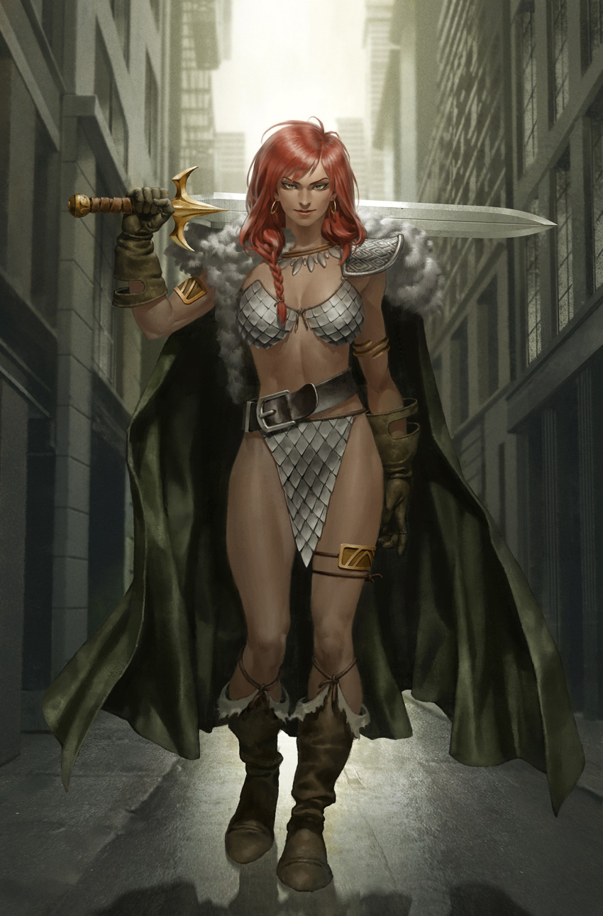 armor belt bikini_armor black_belt boots braid braided_ponytail brown_footwear brown_gloves cape city earrings female fur-trimmed_cape fur_trim gloves green_cape grey_eyes highres holding holding_sword holding_weapon hoop_earrings jewelry long_hair looking_at_viewer outdoors over_shoulder pauldrons red_hair red_sonja red_sonja_(comics) shoulder_armor single_pauldron solo sword weapon weapon_over_shoulder yoon_junggeun