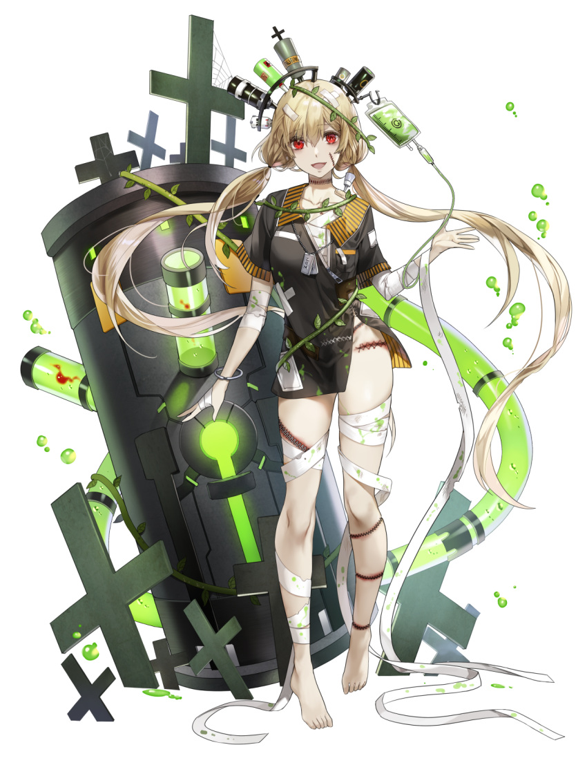 adapted_costume ambiguous_green_liquid arm_at_side arm_wrap artist_request bandage_on_hair bandaged_chest bandages bandaid bandaid_on_clothes bandaid_on_shoulder barefoot black_uniform blonde_hair blood bracelet breast_pocket collarbone cross dog_tags female final_gear full_body hand_wraps highres intravenous_drip jewelry leg_wrap long_hair looking_at_viewer looking_to_the_side loose_hair_strand low-tied_long_hair no_panties no_pants no_shoes no_socks object_through_head official_art pelvic_curtain plant pocket prison_clothes red_eyes scar shmily_(final_gear) short_sleeves sidelocks silk simple_background smile solo spider_web standing stitched_face stitched_leg stitched_neck stitched_uniform stitches straight-on striped_collar striped_sleeve_cuffs syringe syringe_in_head tachi-e text_print third-party_source toes transparent_background tube twintails two-tone_sleeve_cuffs uniform vertical-striped_sleeve_cuffs very_long_hair vines zipper zombie