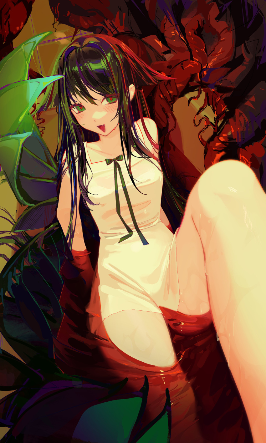 absurdres blush dress dress_ribbon female flesh green_eyes green_hair green_wings hair_flaps highres in_water leg_up long_hair looking_at_viewer oerba_yun_fang open_mouth red_pupils saya_(saya_no_uta) saya_no_uta sitting skin_fang sleeveless sleeveless_dress smile solo sundress very_long_hair waytok white_dress wings