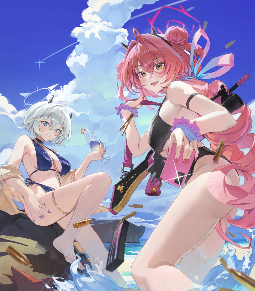 2girls absurdres ahoge arm_strap assault_rifle bangle barefoot bikini black_bikini black_horns blue_archive blue_bikini blue_eyes blue_sky bracelet breasts brown_eyes bullet cellphone cloud cloudy_sky contrail crossed_bangs cumulonimbus_cloud cup day demon_horns diffraction_spikes double_bun erika_(blue_archive) fake_horns feet fingernails from_side grey_hair grey_halo grin gun gun_sling h&k_hk33 hair_between_eyes hair_bun hair_intakes hair_ribbon halo halterneck hashtag-only_commentary highres holding holding_cup holding_phone horns jewelry kirara_(blue_archive) large_breasts long_hair looking_at_viewer magazine_(weapon) multiple_bracelets multiple_girls nail_polish ocean oerba_yun_fang open_mouth outdoors phone pink_eyes pink_hair pink_halo pink_nails purple_nails ribbon rifle scrunchie short_hair side-tie_bikini_bottom sitting skin_fang sky smartphone smile standing starfish starshell swimsuit taking_picture thigh_strap toes very_long_hair wading water waves weapon wrist_scrunchie