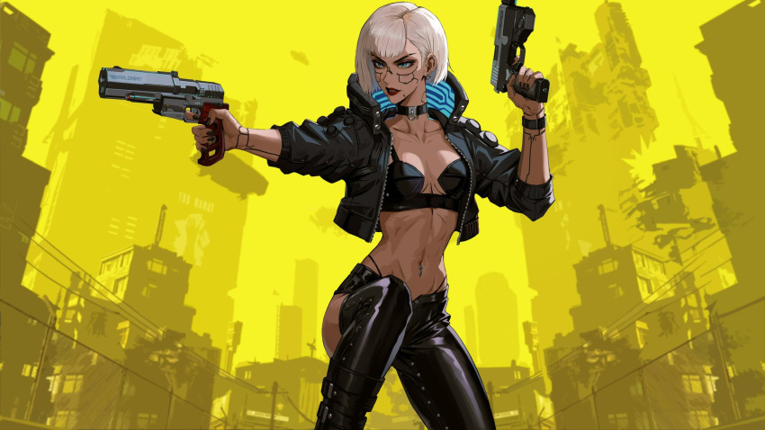 black_collar black_jacket black_nails black_pants blue_eyes breasts building collar collarbone cosplay cropped_jacket cyberpunk_(series) cyberpunk_2077 dual_wielding earrings eyelashes female grey_hair gun handgun highres holding holding_gun holding_weapon indie_virtual_youtuber jacket jewelry lee_kimsan midriff minko_xiv navel navel_piercing open_clothes open_jacket pants parted_lips piercing red_lips second-party_source short_hair solo unzipped utility_pole v_(cyberpunk) v_(cyberpunk)_(cosplay) virtual_youtuber weapon yellow_theme