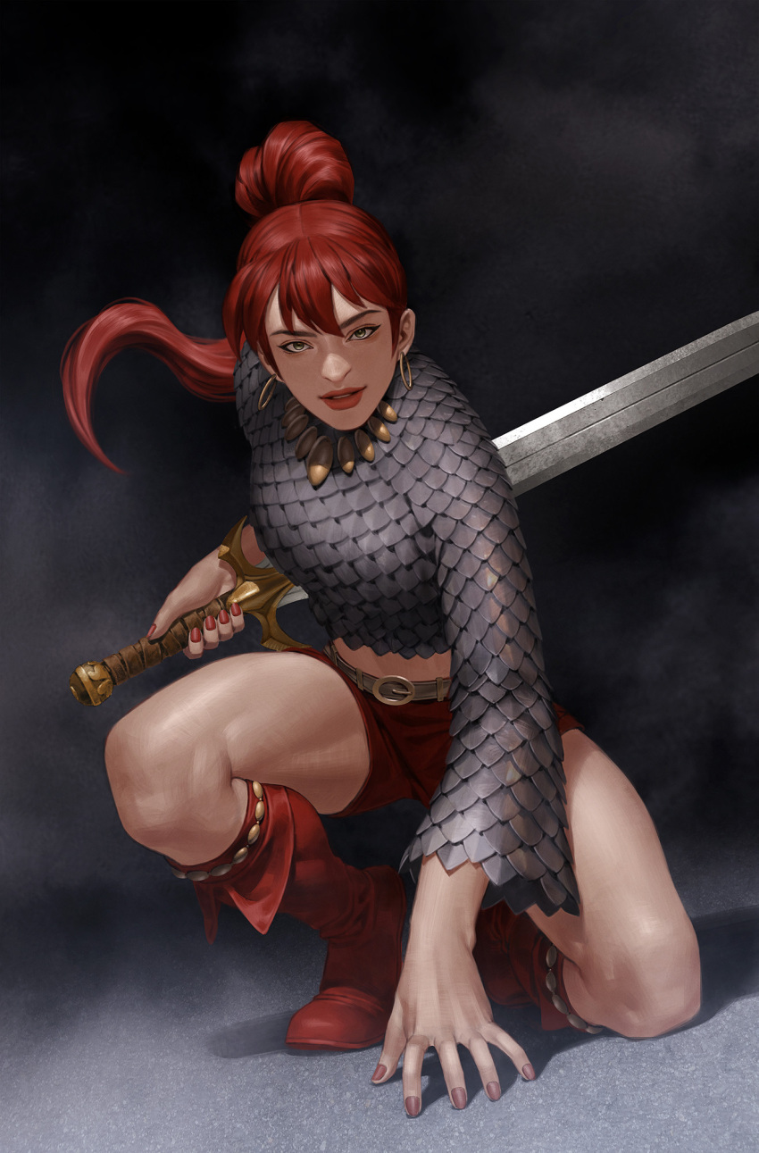 armor boots chainmail earrings female green_eyes highres holding holding_sword holding_weapon hoop_earrings jewelry long_hair looking_at_viewer ponytail red_footwear red_hair red_nails red_shorts red_sonja red_sonja_(comics) reverse_grip short_shorts shorts solo squatting sword weapon yoon_junggeun