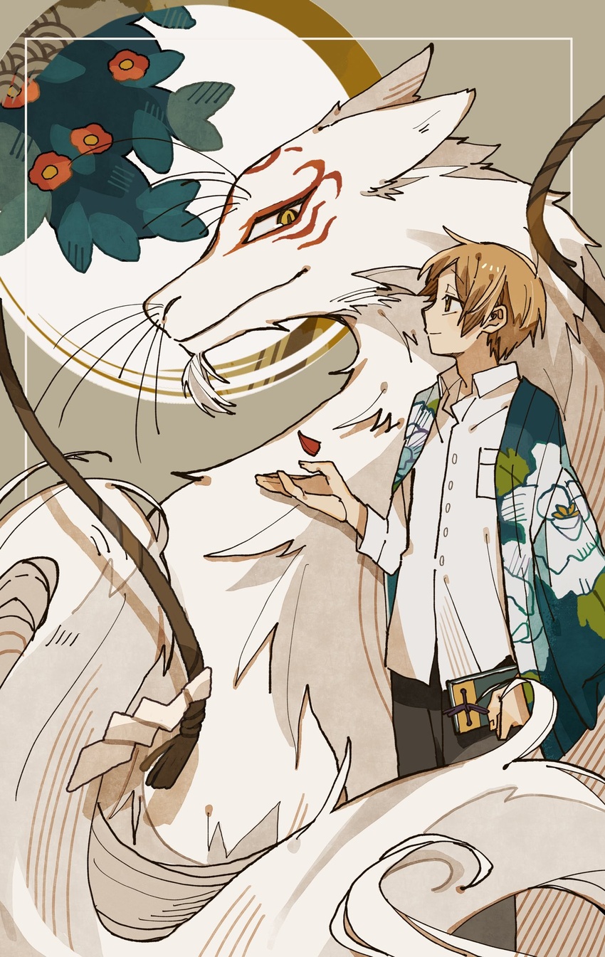 2024 book bottomwear brown_bottomwear brown_clothing brown_eyes brown_hair brown_pants canid canine clothed clothing colored duo facial_markings fox fur hair head_markings hi_res holding_book holding_object human madara_(natsume_yuujinchou) mammal markings na nanataroo_7 natsume's_book_of_friends pants shirt takashi_natsume topwear white_body white_clothing white_fur white_shirt white_topwear