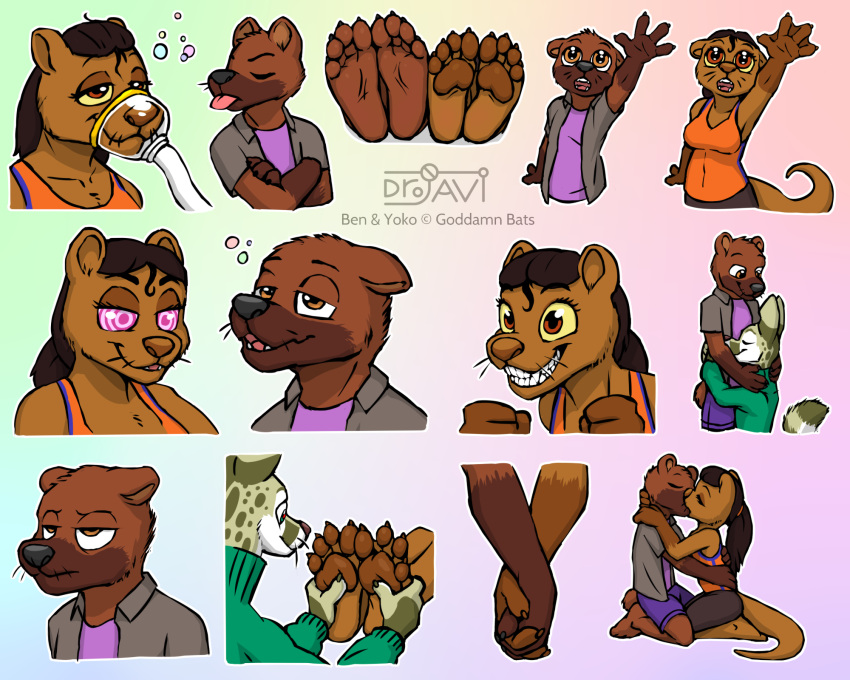 2024 4_fingers 4_toes ambiguous_gender anthro artist_logo bear blep clothed clothing drjavi feet female fingers foot_rub genet gradient_background group grumpy hand_holding happy hi_res hug hugging_another hypnosis javalier_rawhead kissing logo male mammal membrane_(anatomy) mind_control mustelid nonbinary_(lore) otter pawpads shirt simple_background smile soles sweater tank_top telegram_sticker toes tongue tongue_out topwear trio viverrid webbed_hands