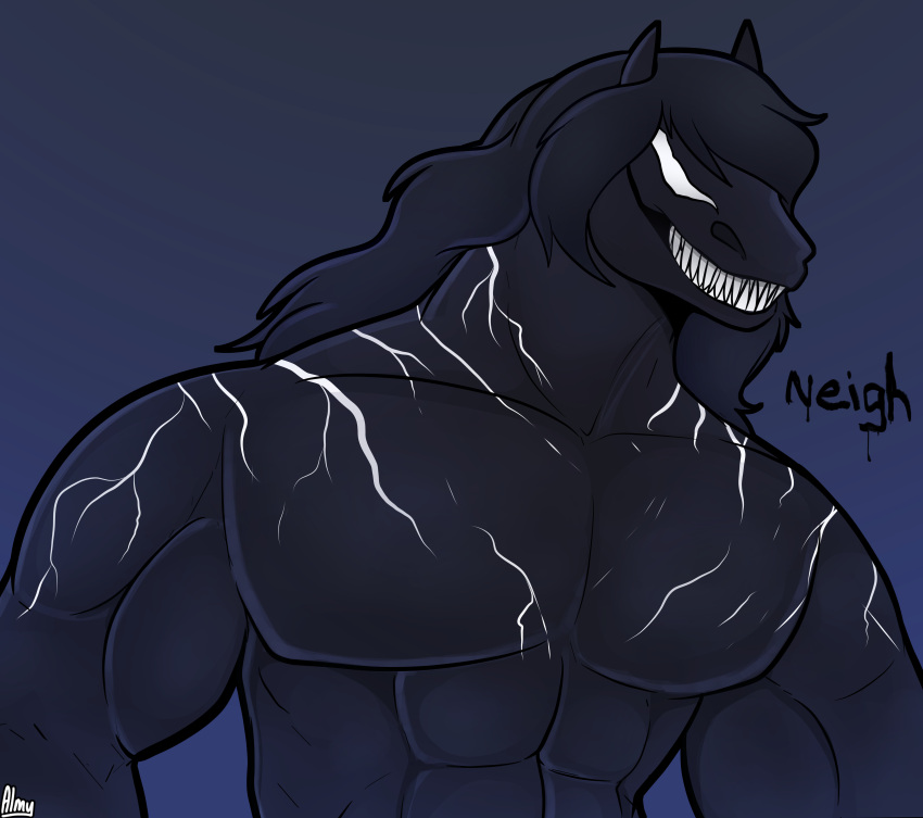 absurd_res almy anthro anthrofied black_body black_hair equid equine hair hi_res horse horse_venom long_hair male mammal marvel muscular muscular_male sharp_teeth simple_background smile solo symbiote teeth text venom_(marvel)