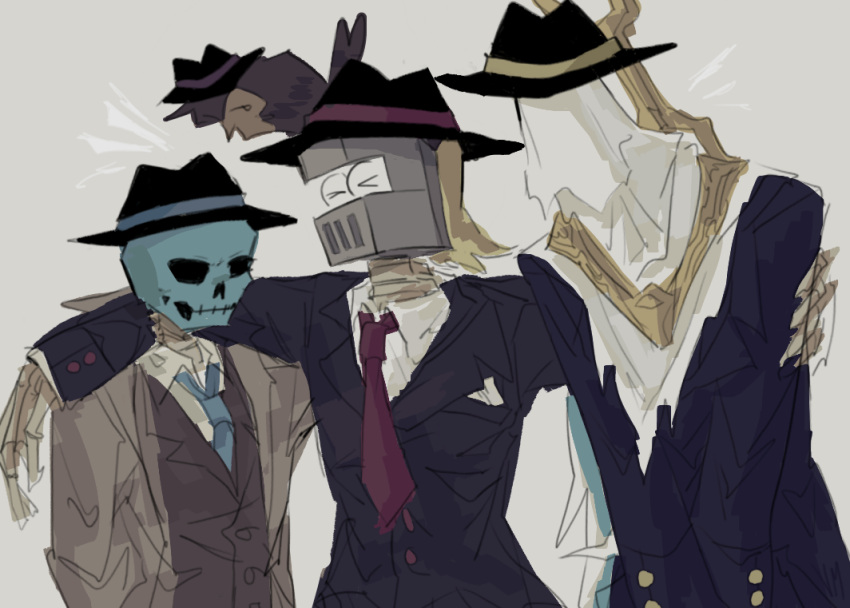 >_< ambiguous_gender arm_around_another arm_around_back arm_around_neck armor avian bird black_clothing black_suit blue_necktie blue_skull bone carrying_another closed_eyes clothing coat fedora feral group hank_(ultrakill) hat headgear headwear helmet humanoid mysterious_druid_knight necktie new_blood_interactive on_head owl owl_(ultrakill) red_necktie skeleton suit the_ferryman_(ultrakill) topwear trenchcoat ultrakill volatilemask