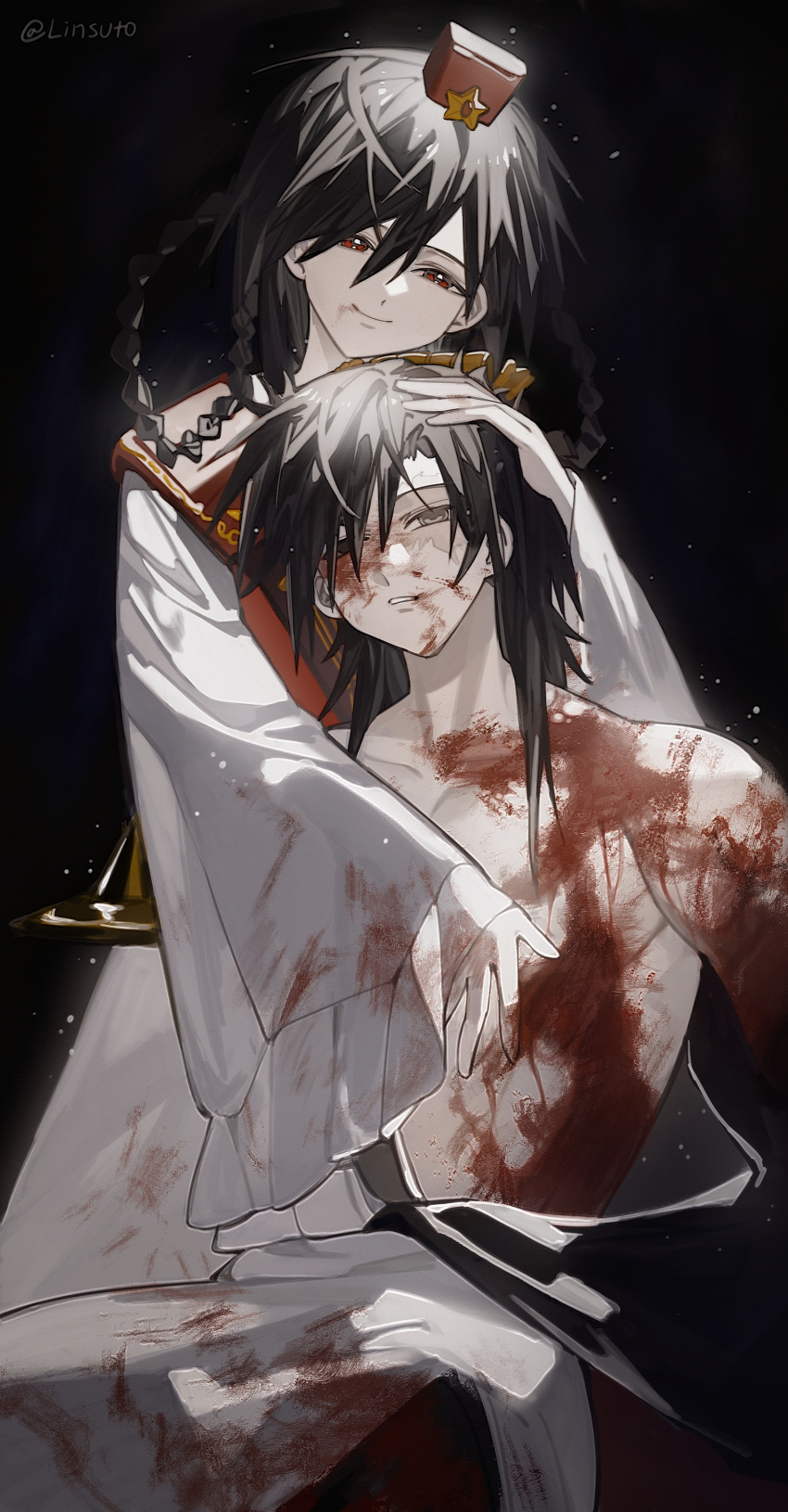 1boy absurdres black_background black_hair blank_eyes blank_stare blood blood_on_clothes blood_on_face blood_on_hands braid chinese_clothes female grey_eyes guan_hat hair_ornament hair_rings headpat highres hug hug_from_behind linsuto magi_the_labyrinth_of_magic medium_hair mother_and_son partially_undressed red_eyes ren_gyokuen ren_hakuryuu robe scar simple_background smile twin_braids