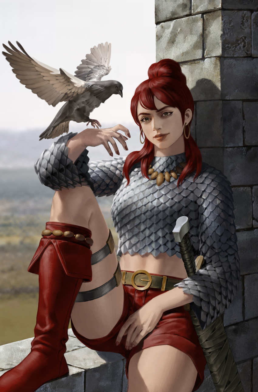 armor belt bird boots chainmail crop_top day earrings female green_eyes high_ponytail highres hoop_earrings jewelry long_hair looking_at_viewer midriff outdoors red_footwear red_hair red_nails red_shorts red_sonja red_sonja_(comics) short_shorts shorts sitting solo stone_wall sword weapon yoon_junggeun