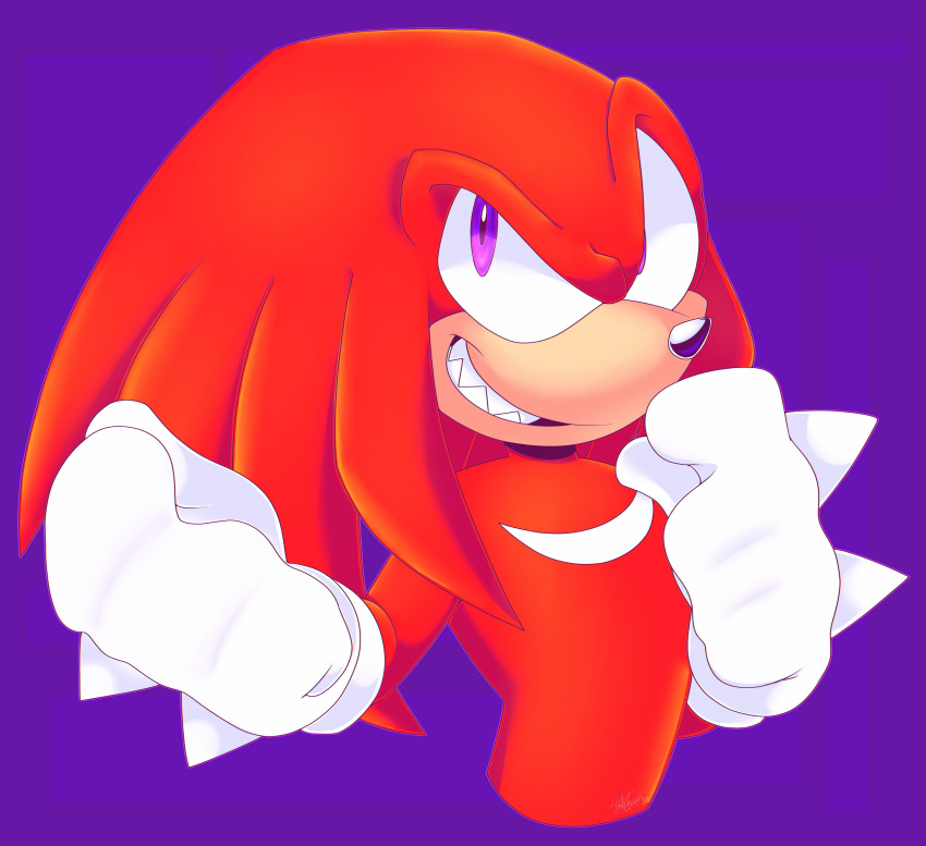 2018 absurd_res anthro chest_markings clothing colored countershade_face countershading echidna front_view fur gloves grin half-length_portrait hand_spike handwear hi_res knuckles_the_echidna male mammal markings monotreme portrait purple_background purple_eyes red_body red_fur red_quills sega sharp_teeth simple_background smile solo sonic_the_hedgehog_(series) spikes spikes_(anatomy) tan_body tan_countershading teeth three-quarter_view toxicsoul77 white_clothing white_gloves white_handwear white_markings