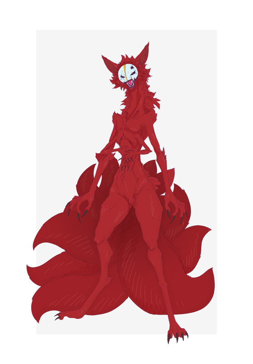 2024 4_arms 9_tails absurd_res anthro biped black_sclera canid canine claws daji demon digitigrade dktorzi featureless_crotch female fluffy fluffy_tail fox front_view head_tuft hi_res jiang_ziya looking_at_viewer mammal multi_arm multi_limb multi_tail nude open_mouth red_body red_eyes simple_background solo standing tail teeth toe_claws tongue tuft