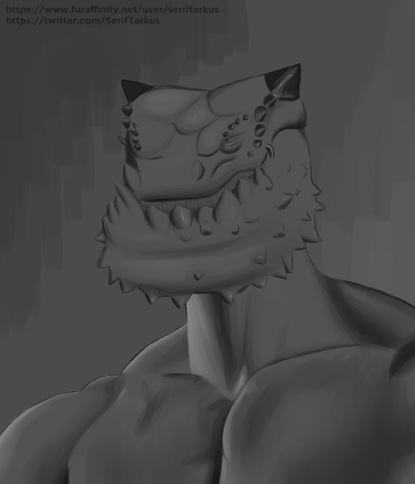 absurd_res anthro big_chin capcom chatacabra close-up gigachad greyscale happy hi_res horn humanoid male meme monochrome monster_hunter muscular muscular_anthro muscular_male pecs seriftarkus simple_background small_horn smile solo teeth three-quarter_view