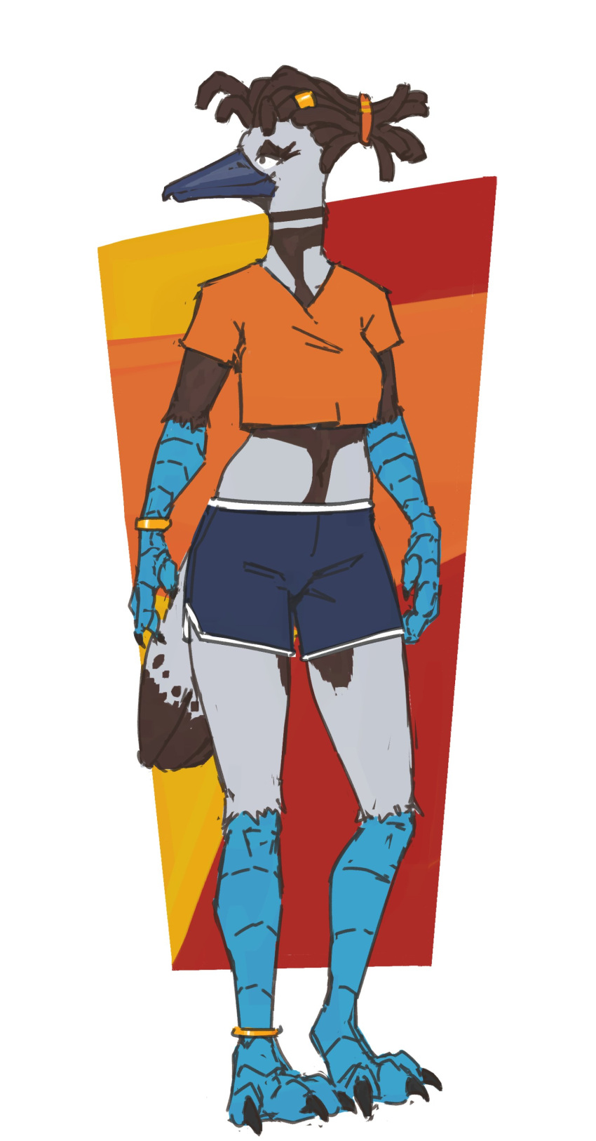 absurd_res anklet anthro avian beak bird blue-footed_booby booby_(bird) bracelet breasts claws clothed clothing dolphin_shorts dreadlocks feathers feet female hi_res jewelry midriff_showing navel simple_background solo sulid tail tail_feathers zed-s