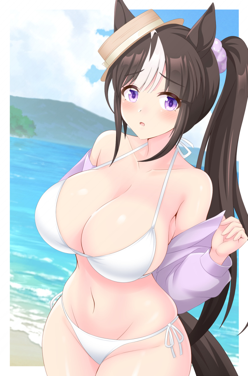 beach bikini blue_sky border breasts brown_hair cleavage commentary_request cowboy_shot day ears_through_headwear female gurukorian highres hokko_tarumae_(pastel_marine_locadol)_(umamusume) hokko_tarumae_(umamusume) horse_girl large_breasts long_hair multicolored_hair navel ocean official_alternate_costume official_alternate_hairstyle outdoors outside_border ponytail purple_eyes sand side-tie_bikini_bottom sky solo stomach streaked_hair swimsuit umamusume very_long_hair water white_bikini white_border white_hair