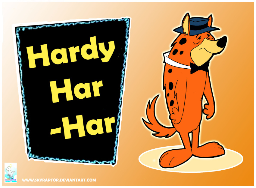 2009 anthro biped black_nose border bow_tie clothing full-length_portrait fur gradient_background hanna-barbera hardy_har_har hat headgear headwear hi_res hyena lippy_the_lion_and_hardy_har_har male mammal markings portrait red_body red_fur red_tail simple_background skyraptor solo spots spotted_body spotted_fur spotted_hyena standing tail tan_inner_ear text url white_border