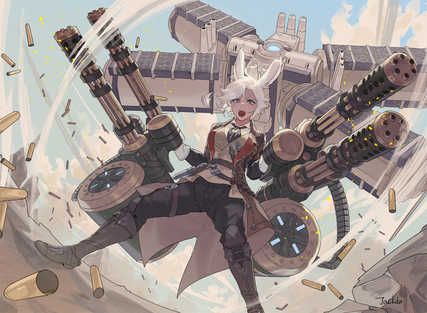 animal_ears boots bullet byuub dark-skinned_female dark_skin female final_fantasy final_fantasy_xiv gatling_gun gun knee_boots looking_at_viewer machinist_(final_fantasy) open_mouth rabbit_ears rocket_launcher shell_casing short_hair solo viera warrior_of_light_(ff14) weapon