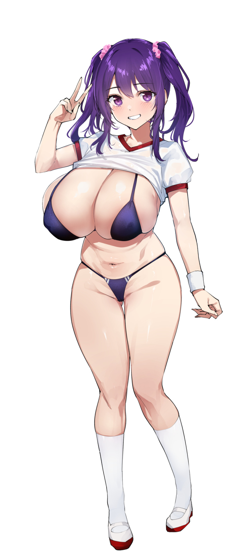 absurdres bikini breasts clothes_lift female grin highres huge_breasts looking_at_viewer navel original purple_eyes purple_hair shirt shirt_lift simple_background smile socks solo standing swimsuit tomohiro_kai v white_background white_shirt white_socks white_wristband wristband