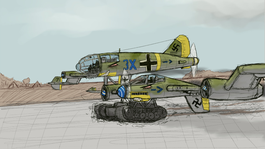 absurd_res aircraft airfield airplane ambiguous_gender badday_(artist) camo conjoined conjoined_twins feral hi_res jet living_aircraft living_machine living_vehicle luftwaffe machine propeller pupils red_eyes sepia_background sharp_teeth slit_pupils solo swastika tank_treads teeth vehicle world_war_2