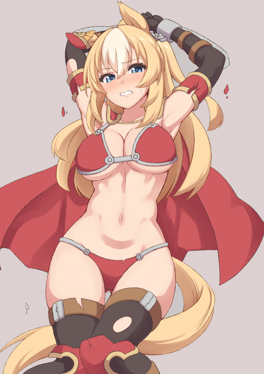 absurdres animal_ears armor armpits arms_behind_head arms_up ass_visible_through_thighs bikini bikini_armor blonde_hair blue_eyes blush bracer breasts cape cleavage cowboy_shot cuffs durandal_(umamusume) ear_covers elbow_gloves female gloves grimace hakutaqanta handcuffs highres horse_ears horse_girl horse_tail knees_together_feet_apart large_breasts long_hair looking_at_viewer multicolored_hair navel red_bikini red_cape simple_background single_ear_cover solo streaked_hair sweatdrop swimsuit tail thighhighs umamusume