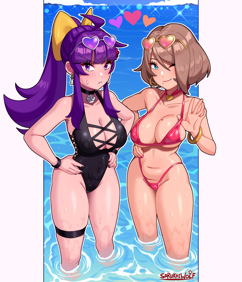 2girls absurdres ahoge bikini black_choker black_one-piece_swimsuit breasts brown_hair choker cleavage earrings english_commentary evalynn_(sarukaiwolf) highres jewelry large_breasts long_hair mole mole_on_breast multiple_girls navel one-piece_swimsuit one_eye_closed original purple_eyes purple_hair sarukaiwolf short_hair sidelocks string_bikini swimsuit violentine_(sarukaiwolf) wet