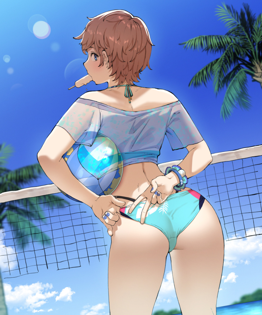 adjusting_clothes adjusting_swimsuit ah-lyong_lee arai_motoha armband ass back ball beachball bikini bikini_bottom_only blue_armband blue_eyes blue_nails brown_hair cloud female food food_in_mouth from_behind highres holding holding_ball holding_beachball lens_flare looking_at_viewer looking_back mouth_hold off-shoulder_shirt off_shoulder outdoors palm_tree persona persona_5 persona_5:_the_phantom_x popsicle popsicle_in_mouth shirt short_sleeves sky solo swimsuit thighs tree v volleyball_net water