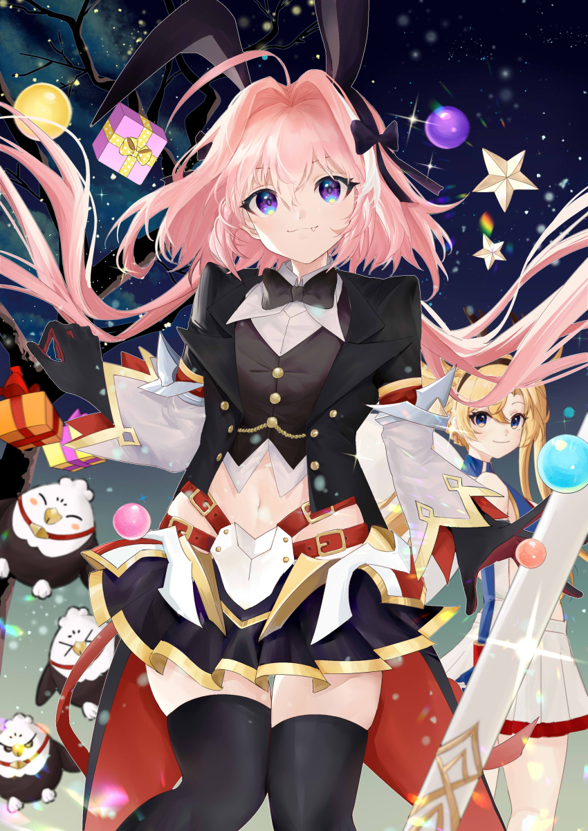 1boy absurdres ahoge androgynous animal_ears astolfo_(fate) astolfo_(saber)_(fate) astolfo_(saber)_(second_ascension)_(fate) black_bow black_bowtie black_gloves black_hairband black_thighhighs black_vest blonde_hair blue_eyes bow bowtie box bradamante_(fate) branch buttons christmas closed_mouth clothing_cutout cowboy_shot cropped_vest detached_sleeves eyelashes fake_animal_ears fate/apocrypha fate/grand_order fate_(series) female gift gift_box gleam gloves gold_trim hair_intakes hairband hairbow highres hippogriff_(fate) lapels leg_up light_particles long_hair male_focus multicolored_hair navel navel_cutout notched_lapels oerba_yun_fang official_alternate_costume otoko_no_ko phanta pink_hair purple_eyes rabbit_ears sheath sheathed skindentation sky smile sparkle star_(sky) star_(symbol) starry_sky streaked_hair sword thighhighs twintails two-sided_sleeves two-tone_hair very_long_hair vest weapon white_hair wide_sleeves wing_collar zettai_ryouiki