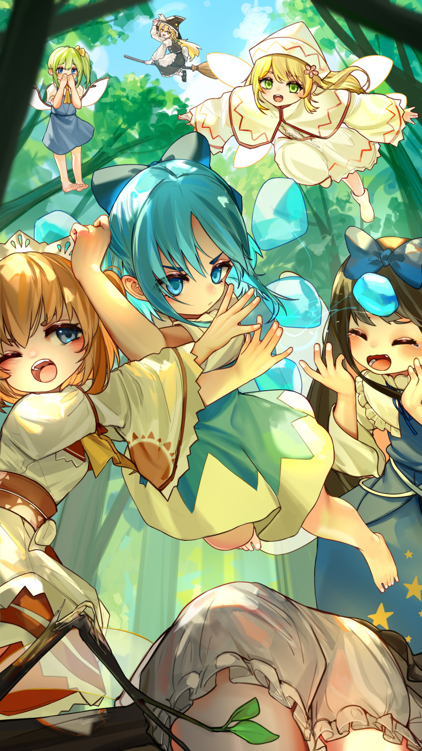 6+girls :o absurdres arm_up ass barefoot black_footwear black_hair black_hat blonde_hair bloomers blue_bow blue_dress blue_eyes blue_hair blush bow broom broom_riding cirno closed_eyes cloud daiyousei day dress fairy fairy_wings floating flower green_eyes green_hair hair_flower hair_ornament hairbow hat highres ice kirisame_marisa kourou_(kouroukun) levitation lily_white long_hair luna_child medium_hair multiple_girls outdoors side_ponytail socks star_sapphire sunny_milk touhou tree white_hat white_socks wide_sleeves wings