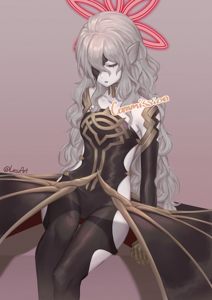 absurdres bat_wings black_bodysuit black_wings bodysuit closed_eyes clothing_cutout collarbone commentary commission embla_(fire_emblem) english_commentary eyepatch female fire_emblem fire_emblem_heroes grey_background grey_hair highres lesu long_hair one_eye_covered pale_skin simple_background sitting solo twitter_username very_long_hair wavy_hair wings