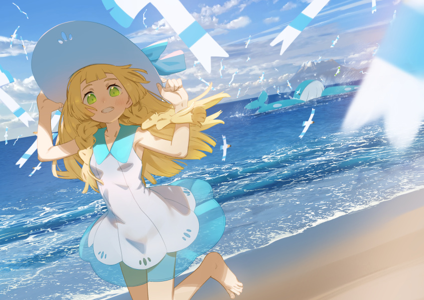 barefoot blonde_hair blue_ribbon blunt_bangs blush braid cloud collared_dress commentary_request day dress eyelashes female green_eyes grin hands_up hat hat_ribbon highres leg_up lillie_(pokemon) long_hair looking_at_viewer outdoors pokemon pokemon_(creature) pokemon_sm ribbon sand see-through shamonabe shore sky sleeveless sleeveless_dress smile standing standing_on_one_leg sun_hat sundress teeth toes twin_braids w_arms wailord water white_dress wingull