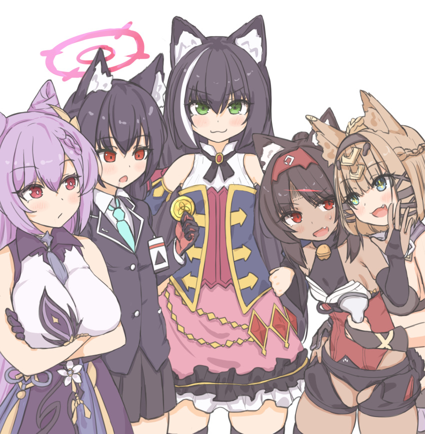 5girls :3 :d animal_ear_fluff animal_ears barcode bare_shoulders bell black_hair black_thighhighs blue_archive blush braid breasts bridal_gauntlets brown_hair cat_ears cat_girl cat_tail closed_mouth coin collared_shirt commentary cone_hair_bun cropped_legs crossed_arms crossover dark-skinned_female dark_skin double_bun dress genshin_impact gloves green_eyes hair_between_eyes hair_bun hair_ornament hairband halo highres honkai_(series) honkai_impact_3rd jacket karyl_(princess_connect!) keqing_(genshin_impact) korean_commentary kyaong large_breasts looking_at_another looking_at_viewer low_twintails mihoyo multicolored_hair multiple_girls neck_bell necktie nekomiya_mana odd_one_out oerba_yun_fang open_mouth pardofelis princess_connect! purple_hair red_eyes revision serika_(blue_archive) shirt short_shorts shorts simple_background skin_fang skindentation smile standing streaked_hair sweat tail thighhighs trait_connection twintails zenless_zone_zero