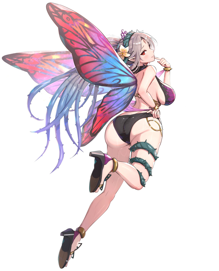 absurdres adjusting_clothes adjusting_swimsuit alternate_costume ass bikini black_bikini blush bracelet breasts butterfly_wings commentary_request facial_mark fairy fairy_wings female fingernails fire_emblem fire_emblem_heroes flower forehead_mark from_behind gonzarez grey_hair hair_flower hair_ornament high_heels highres huge_ass insect_wings jewelry large_breasts leg_up lips long_hair looking_back official_alternate_costume parted_bangs plant plumeria_(fire_emblem) plumeria_(summer)_(fire_emblem) pointy_ears red_eyes seductive_smile sideboob simple_background smile solo sweat sweatdrop swimsuit thigh_strap thighs thorns vines white_background wings