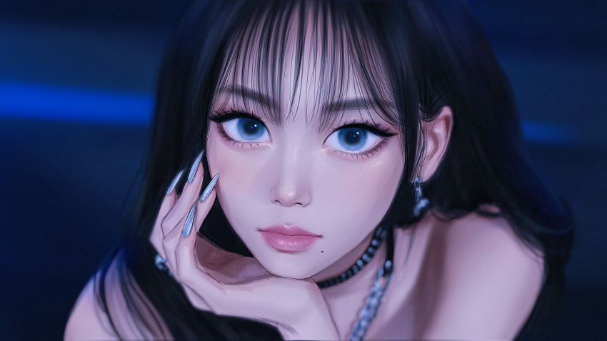 aespa black_hair blue_eyes collar earrings female head_rest highres jewelry karina_(aespa) lips long_hair looking_at_viewer mole mole_under_mouth portrait real_life silver_nails solo studded_collar umigraphics