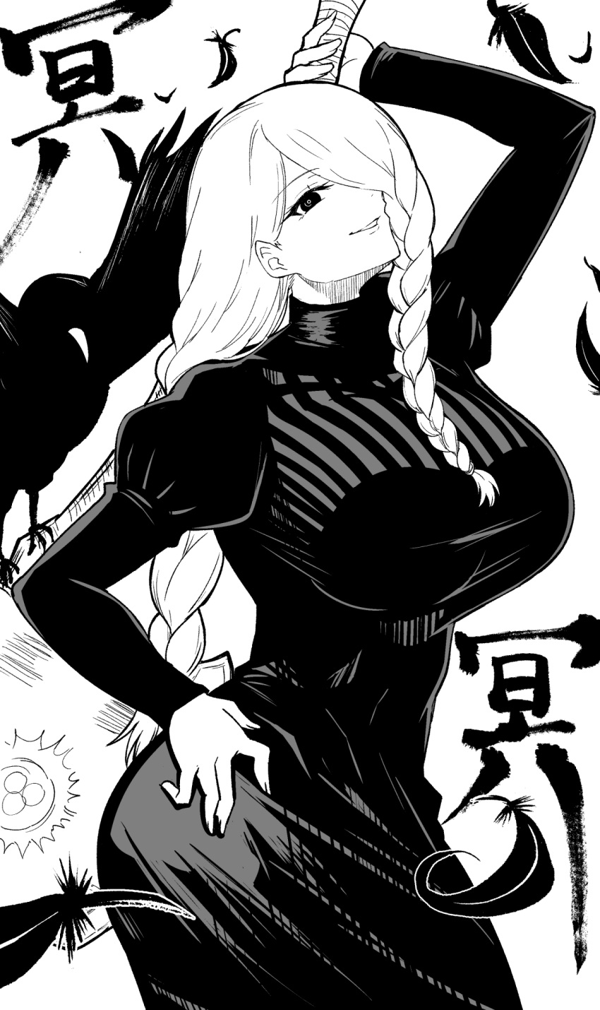 asymmetrical_bangs bird braid braided_bangs breasts crow curvy dress female greyscale hair_over_one_eye hand_on_own_hip highres holding holding_weapon impossible_clothes impossible_dress jujutsu_kaisen large_breasts long_dress long_hair long_sleeves looking_at_viewer mei_mei_(jujutsu_kaisen) monochrome narrow_waist solo taut_clothes taut_dress weapon wide_hips yuki_mizore