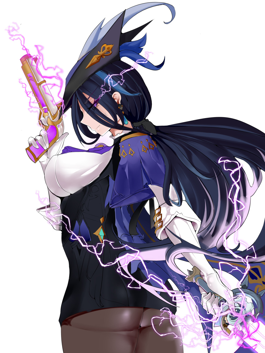 absurdres ascot ass black_corset black_hair blue_cape blue_hair blue_hat breasts cape clorinde_(genshin_impact) corset dark_blue_hair epaulettes female fold-over_gloves framed_breasts genshin_impact gloves gun hat hat_feather highres holding holding_gun holding_sword holding_weapon iron_sting_(genshin_impact) large_breasts leon_kunisagi long_hair low_ponytail pantyhose purple_ascot purple_eyes shirt solo sword taut_clothes taut_shirt tricorne vision_(genshin_impact) weapon white_gloves white_shirt