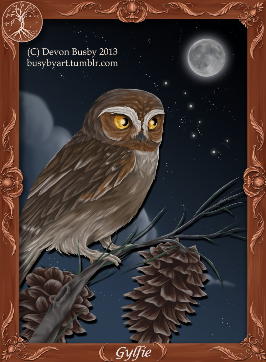 ambiguous_gender avian bird brown_body brown_feathers bubsyart elf_owl feathers female_(lore) feral guardians_of_ga'hoole gylfie hi_res moon night owl pinecone plant sky solo star tree true_owl yellow_eyes