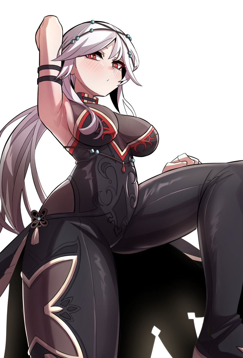 absurdres arm_behind_head armband armpits blush bodysuit breasts bright_pupils closed_mouth female hair_between_eyes highres leg_up long_hair looking_at_viewer medium_breasts original ponytail red_eyes skin_tight sleeveless solo sung08ko tassel white_background