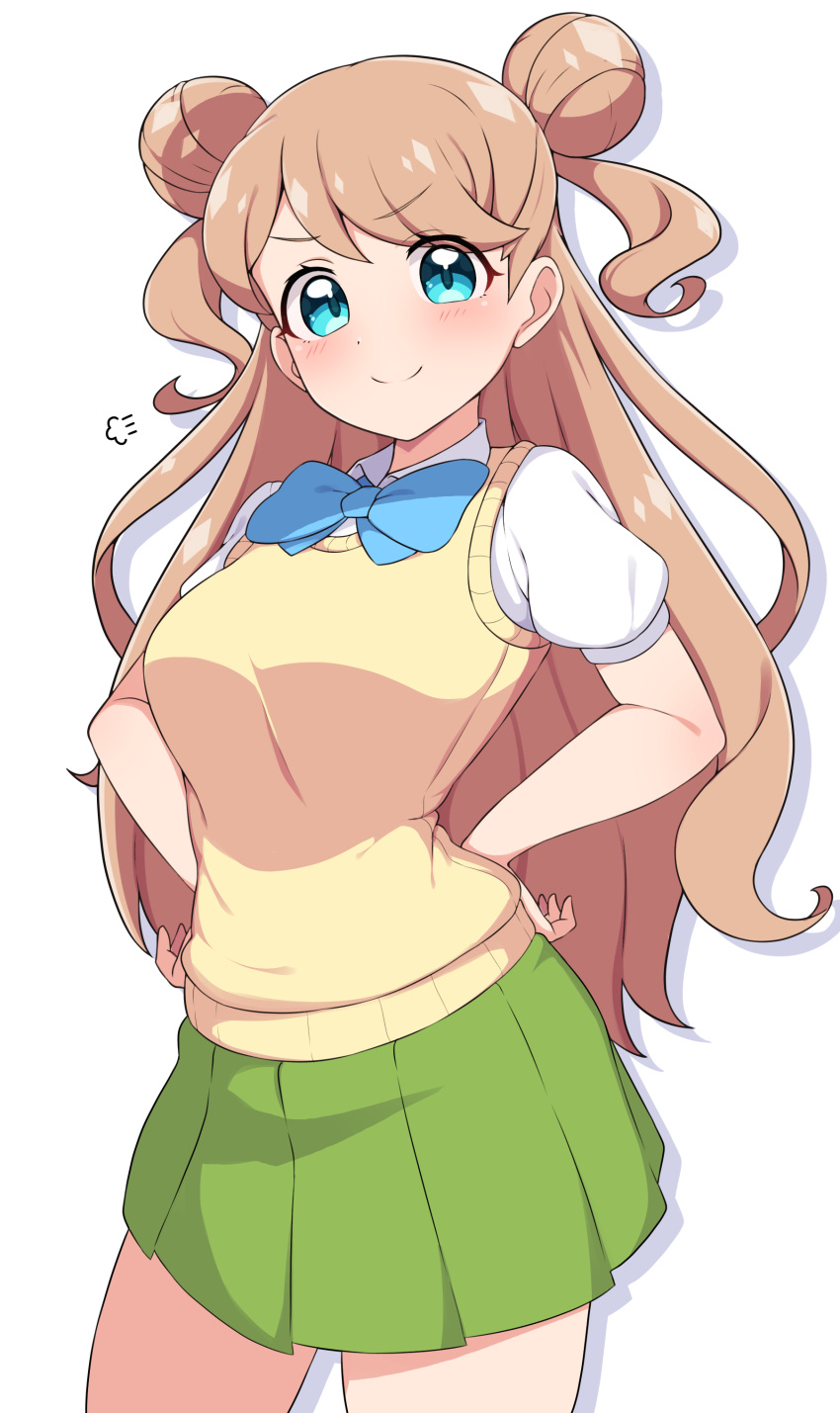 absurdres blue_bow blue_bowtie blue_eyes bow bowtie breasts brown_hair closed_mouth contrapposto cowboy_shot curly_hair double_bun female green_skirt hair_bun hands_on_own_hips highres kanamori_maria kiratto_pri_chan light_blush long_hair looking_at_viewer medium_breasts miniskirt mujin_(mujinzairaisen) pleated_skirt pretty_series school_uniform shirt short_sleeves simple_background skirt smile solo standing swept_bangs two_side_up v-shaped_eyebrows vest white_background white_shirt yellow_vest