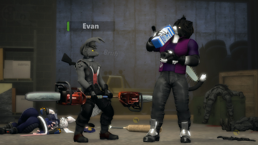 16:9 3d_(artwork) anthro armada_(artist) bat black_body black_fur boots bottomwear box camera capcom chainsaw clothed clothing container dead_rising denim denim_bottomwear denim_clothing digital_media_(artwork) domestic_cat drinking evan_(juicyducksfm) eye_contact family_guy_death_pose fan_character felid feline felis female footwear fur gameplay_mechanics gloves grey_body grey_fur group gui gun handwear hat headgear headwear health_bar hi_res human icon jacket jeans juicyducksfm lagomorph leporid looking_at_another lying lying_on_ground male mammal military milk murid murine muscular muscular_anthro muscular_male nathan_(armada) officer_flint_(foretbwat) on_ground pants petruz_(copyright) power_tool rabbit ranged_weapon rat rifle rodent serious shirt shotgun size_difference skinny smaller_male soldier source_filmmaker_(artwork) standing text tools topwear vehicle warehouse warfare_machine warrior weapon white_body white_fur widescreen