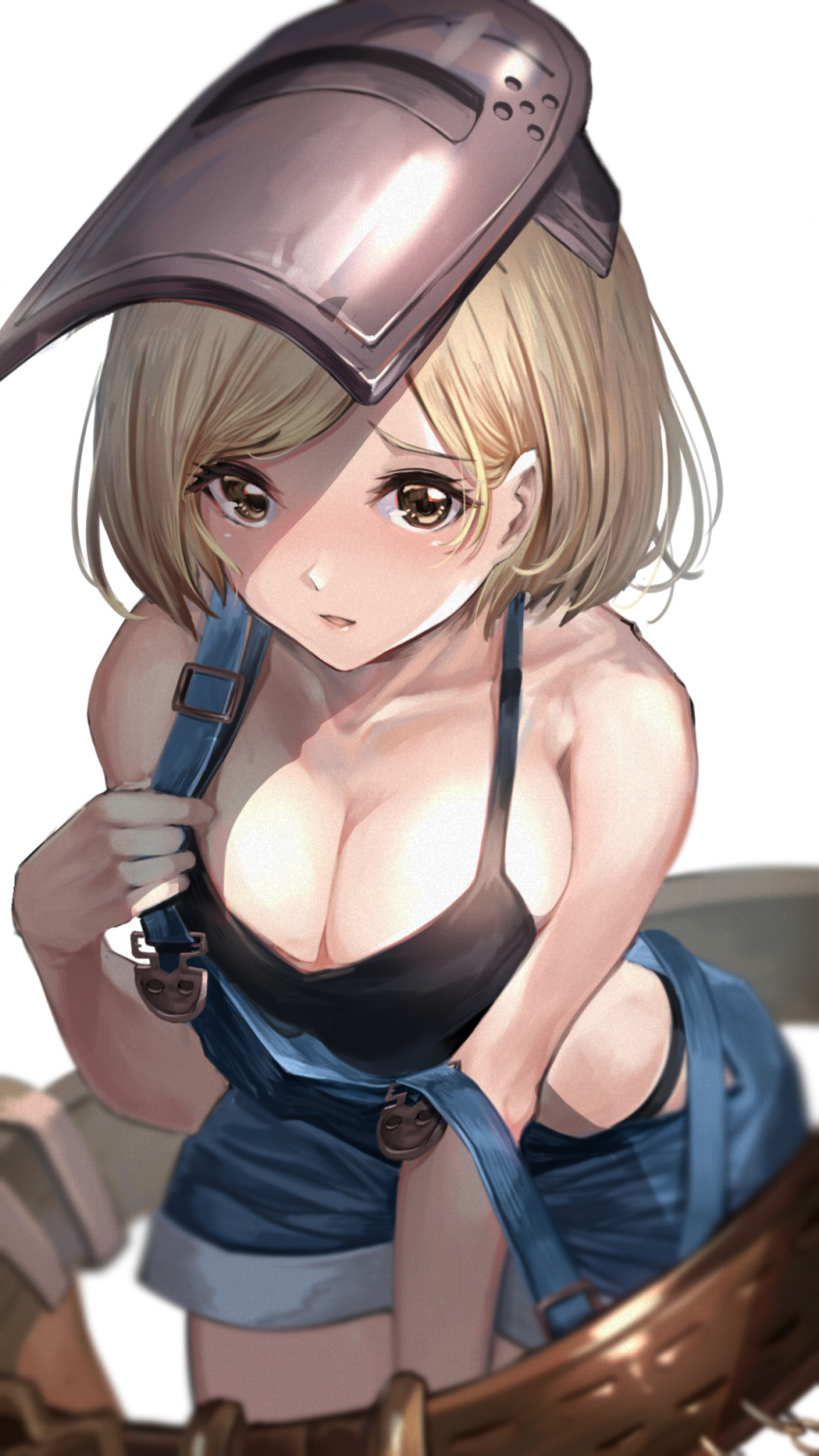 bare_arms bare_shoulders black_bra black_panties blonde_hair blurry blush bra breasts brown_eyes cleavage collarbone commentary_request cowboy_shot depth_of_field djeeta_(granblue_fantasy) female granblue_fantasy highres ikusaneko large_breasts leaning_forward looking_at_viewer mask mask_on_head mechanic_(granblue_fantasy) overalls overalls_pull panties parted_lips partial_commentary short_hair simple_background smile solo swept_bangs underwear undressing welding_mask white_background